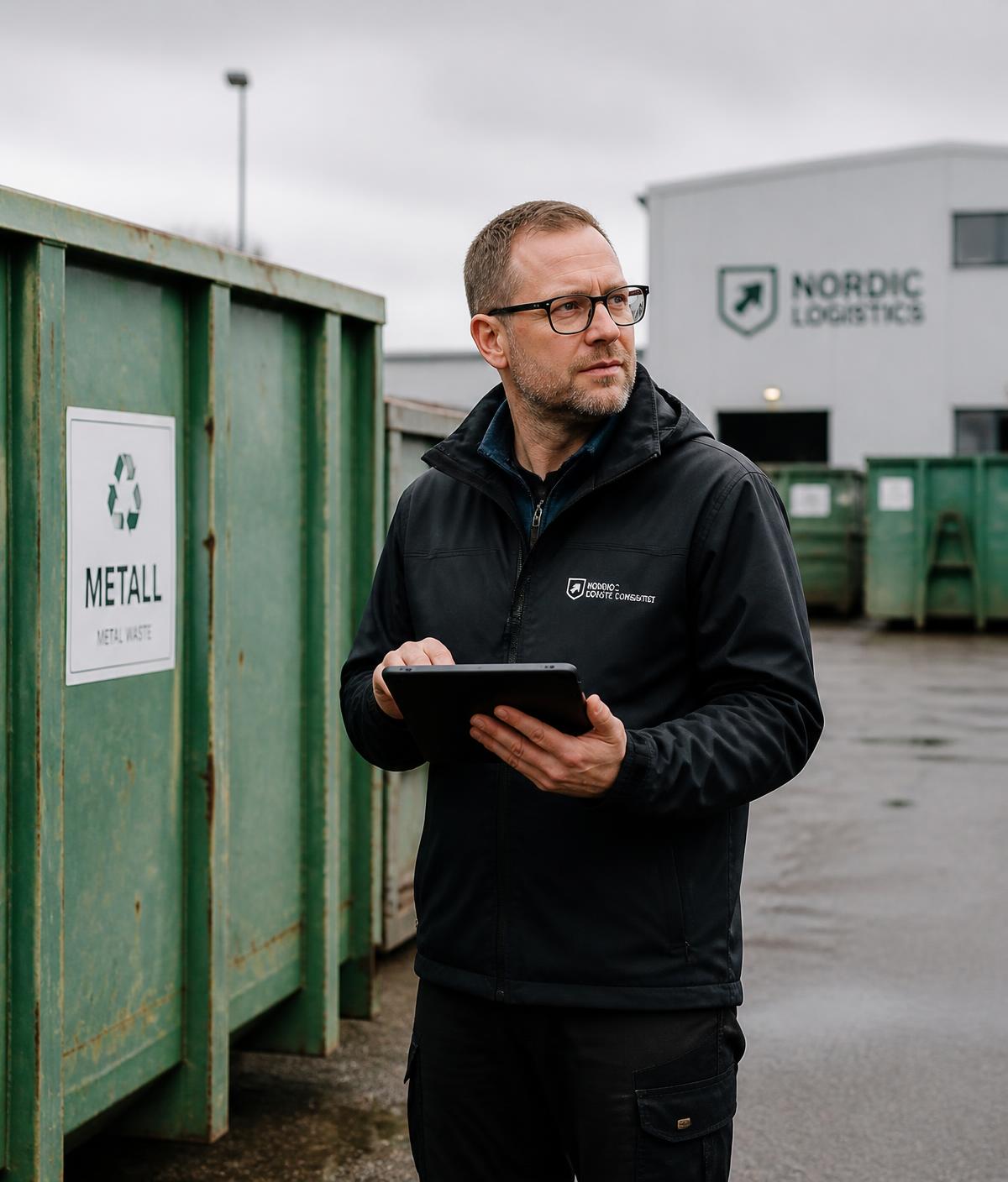 Rådgiver med tablet gennemgår affaldscontainere på en dansk virksomheds plads
