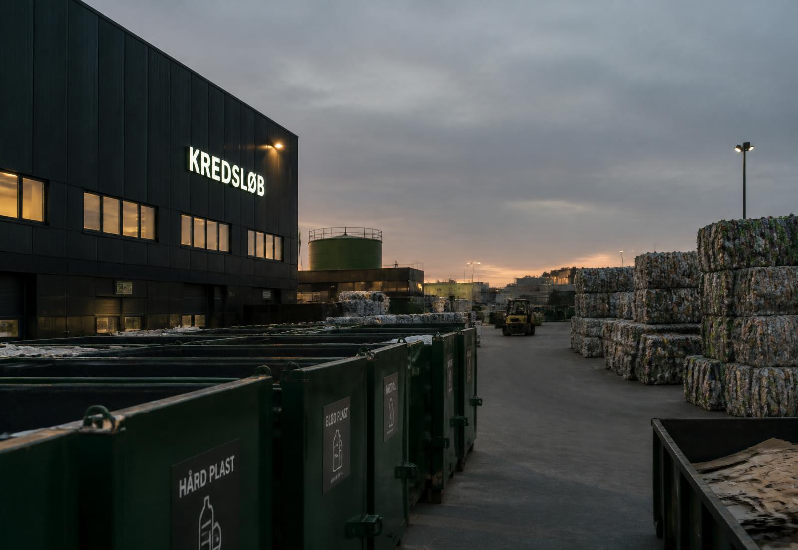 Dansk genbrugsanlæg i skumringen med sorterede affaldscontainere og ballede genanvendelige materialer
